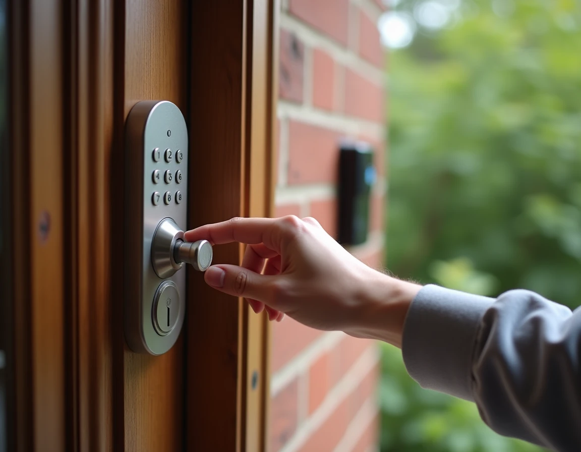 Gros plan sur une serrure connectée installée sur une porte d'entrée en bois, illustrant les enjeux de sécurité physique et numérique d'une maison intelligente
