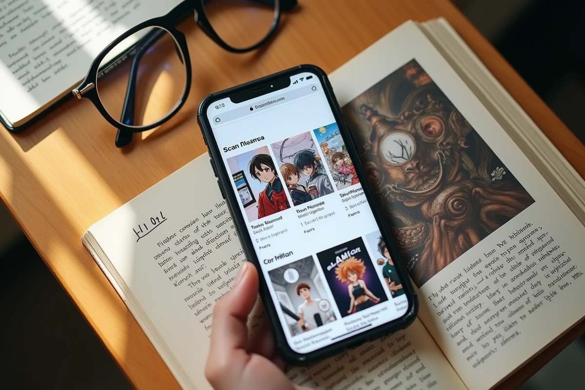 Smartphone affichant un site de scan manga posé à côté d'un tome physique et d'un bloc-notes évoquant les questions de droits d'auteur