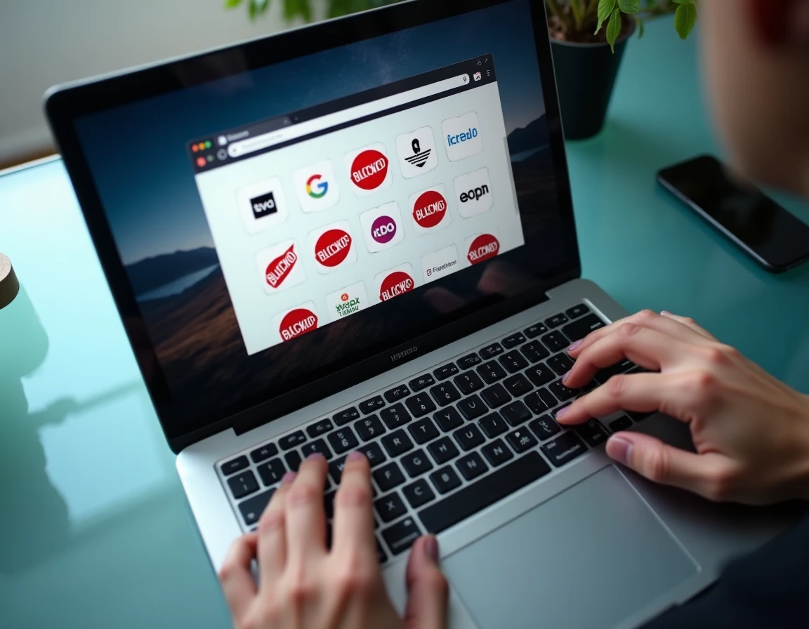 Vue aérienne d'un ordinateur portable affichant des sites Web bloqués avec des icônes de restriction VPN sur l'écran