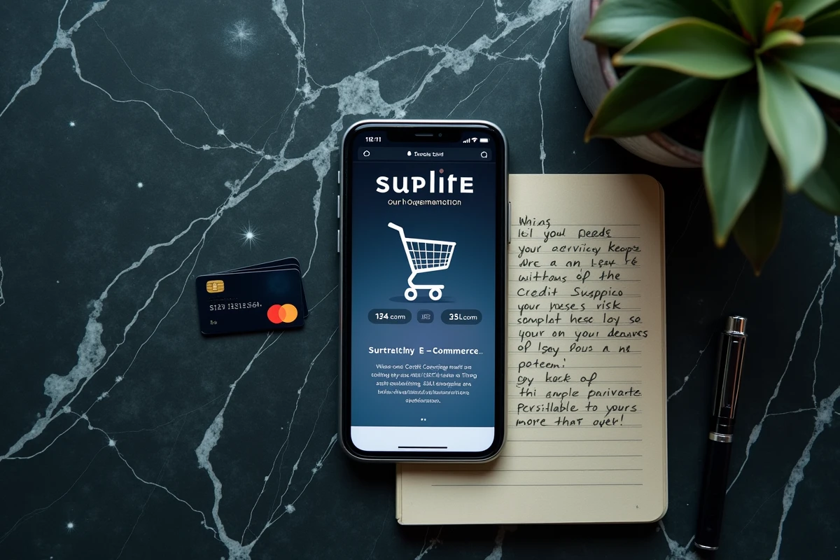 Vue aérienne d'un smartphone affichant un site douteux, d'une carte bancaire et de notes manuscrites sur marbre sombre