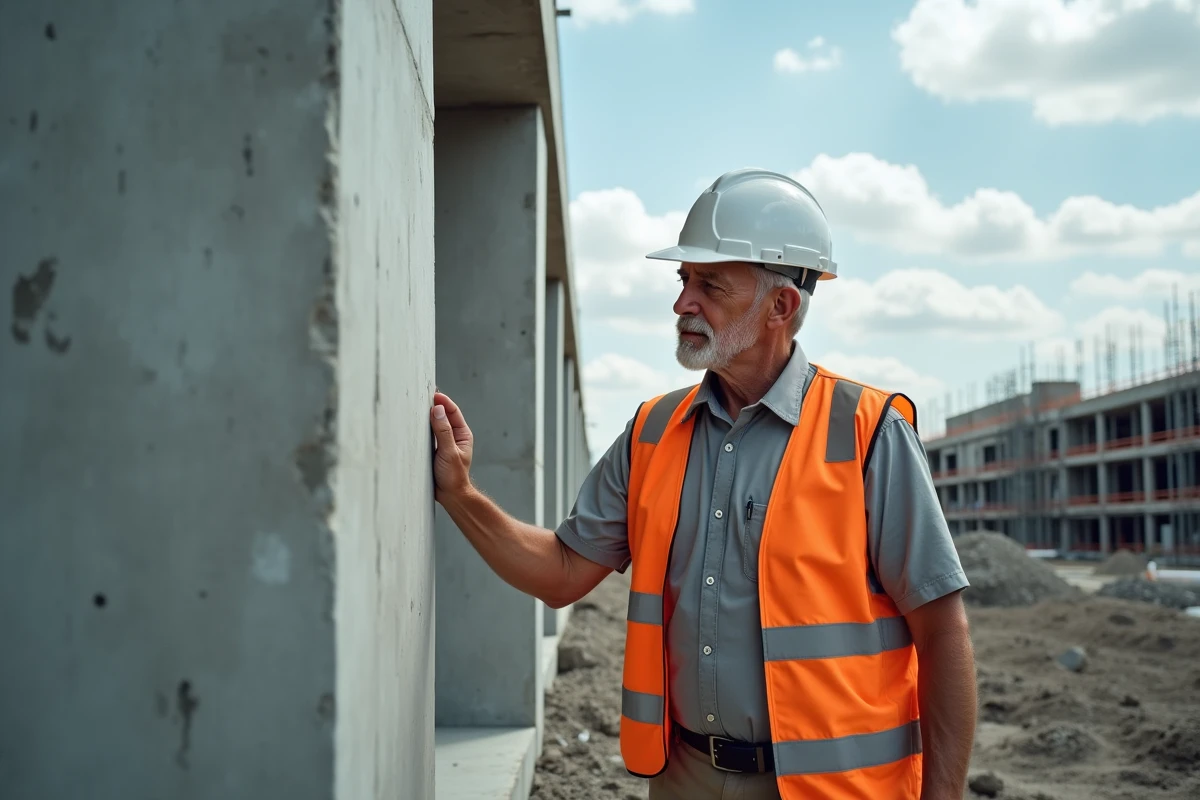 Ingénieur inspectant un pilier en béton armé symbolisant la solidité structurelle d'un bâtiment