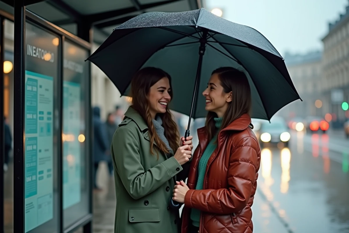 Deux amies riant sous un grand parapluie noir à un arrêt de bus sous une pluie battante en ville