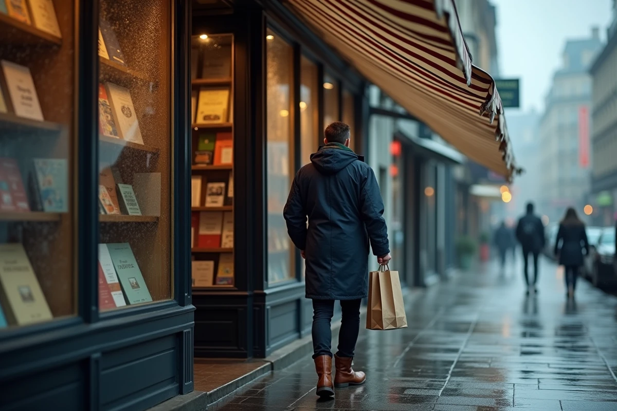 Homme en parka marine sortant d'une librairie sous la pluie avec un sac en papier sous un auvent rayé