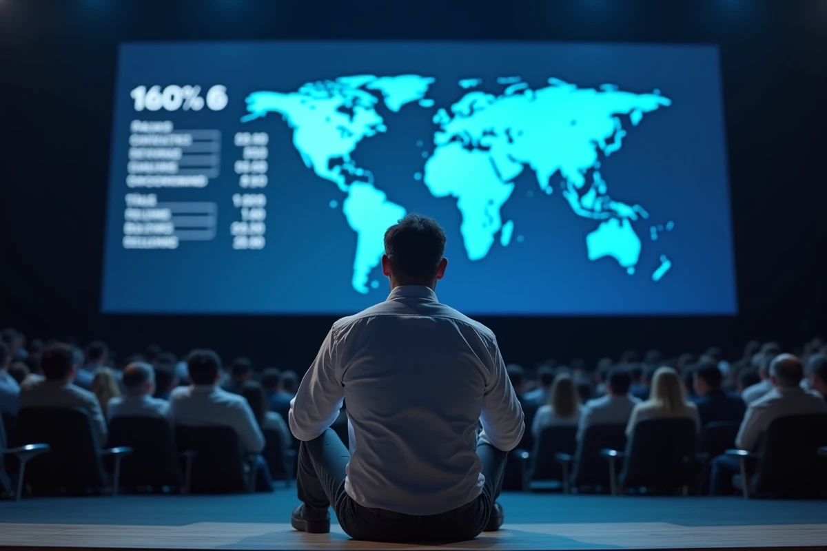 Homme célèbre prenant la parole lors d'une grande conférence internationale devant un écran géant et un public nombreux