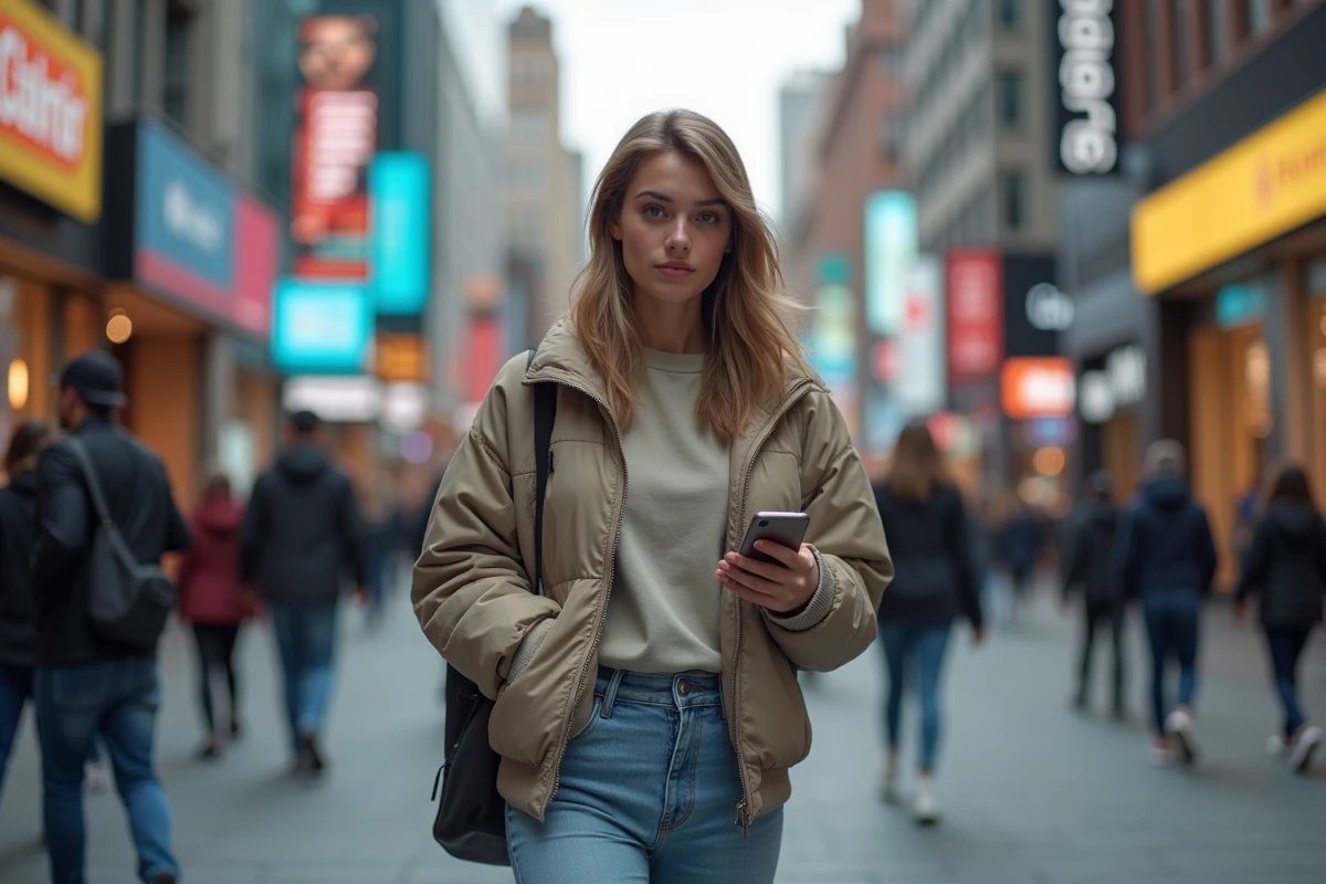 Jeune star influente dans une rue animée avec son image diffusée sur des écrans publics, incarnant la célébrité à l'ère numérique