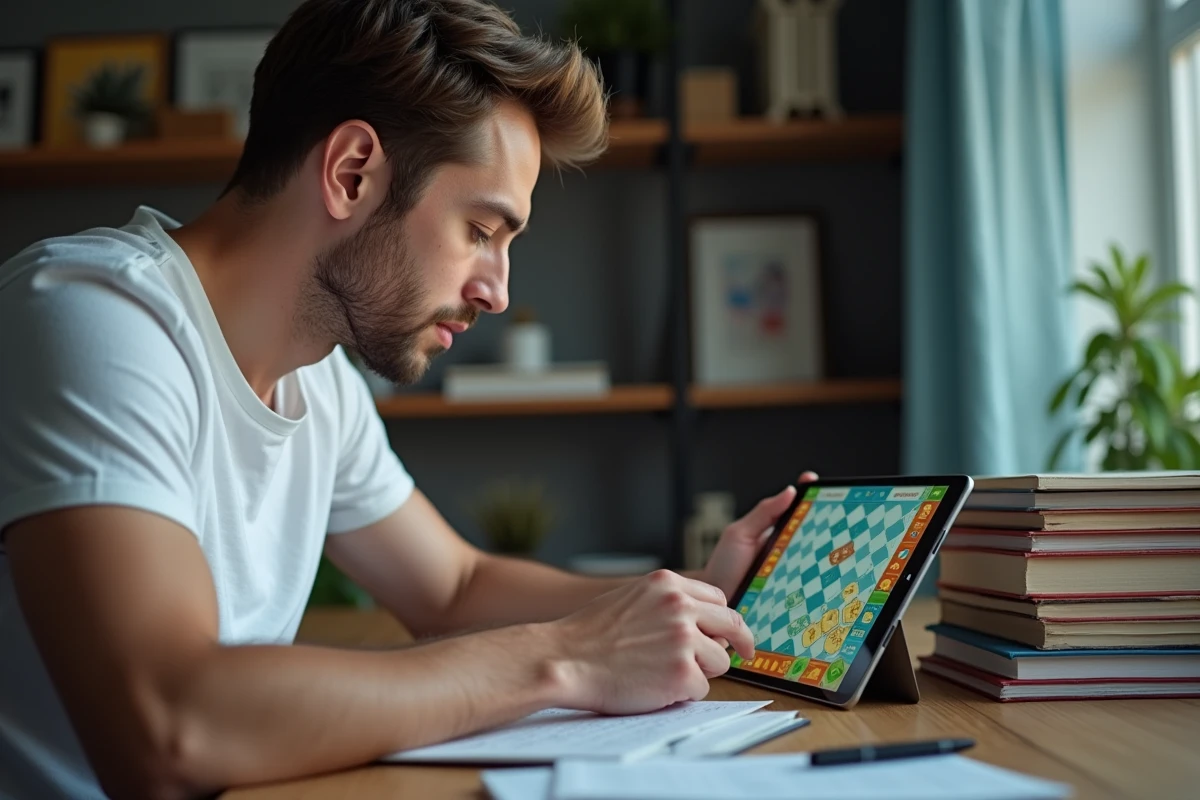 Homme adulte analysant sa stratégie sur une tablette affichant Monopoly GO dans un bureau à domicile