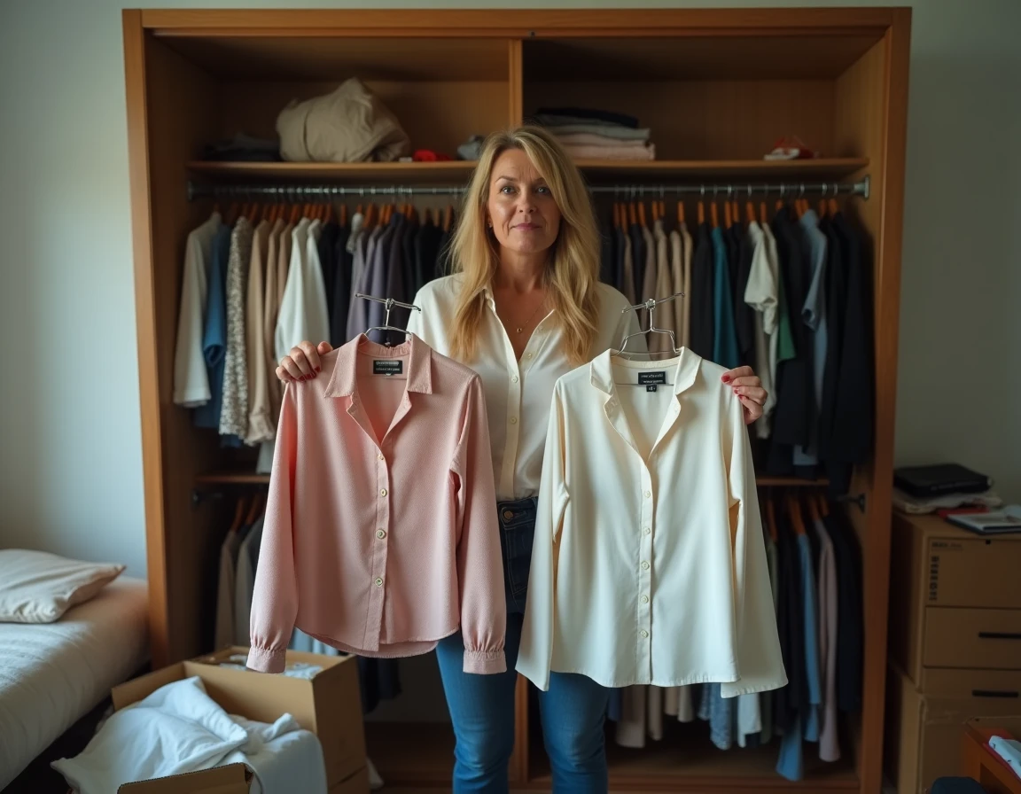 Femme d'âge moyen face à une armoire débordante de vêtements de fast fashion, reflétant la surconsommation et la pression sociale de la mode