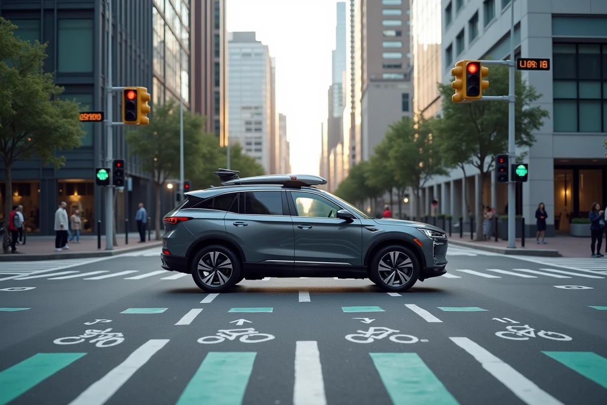 SUV autonome 2026 équipé de capteurs LIDAR à une intersection urbaine intelligente avec signalisation connectée et marquages de détection au sol