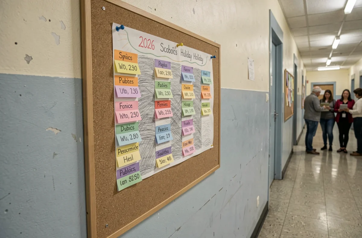 Tableau d'affichage scolaire présentant le calendrier des vacances et jours fériés 2026 dans un couloir d'école française