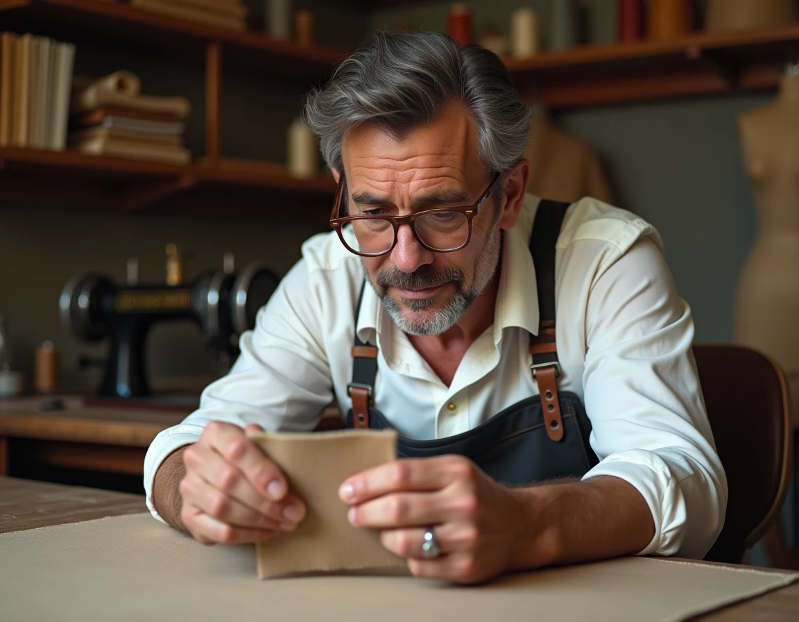 Tailleur expérimenté inspectant une pièce de tissu cachemire avec une loupe dans un atelier artisanal