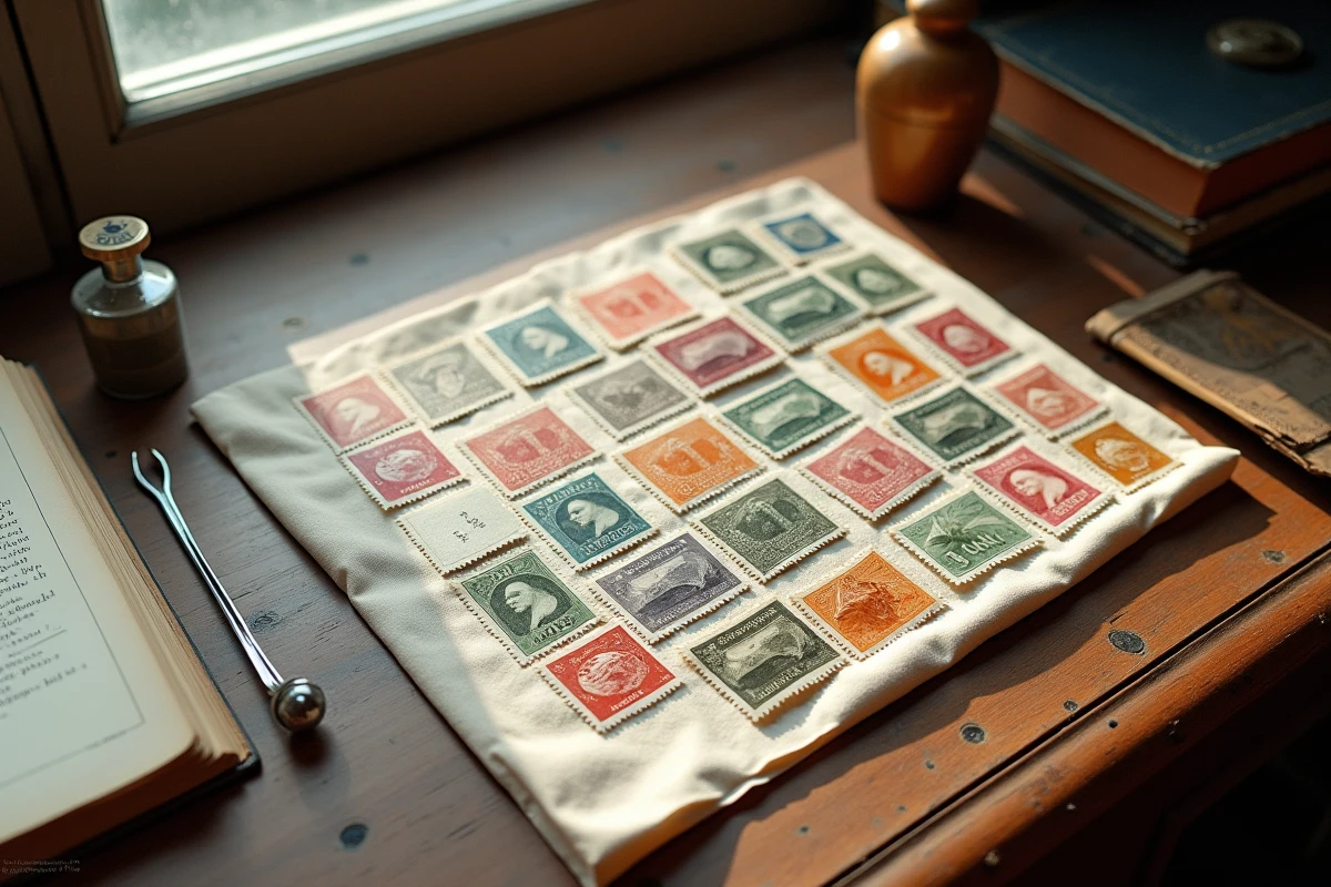 Collection de timbres anciens disposés avec catalogues et outils philatéliques sur une table en bois