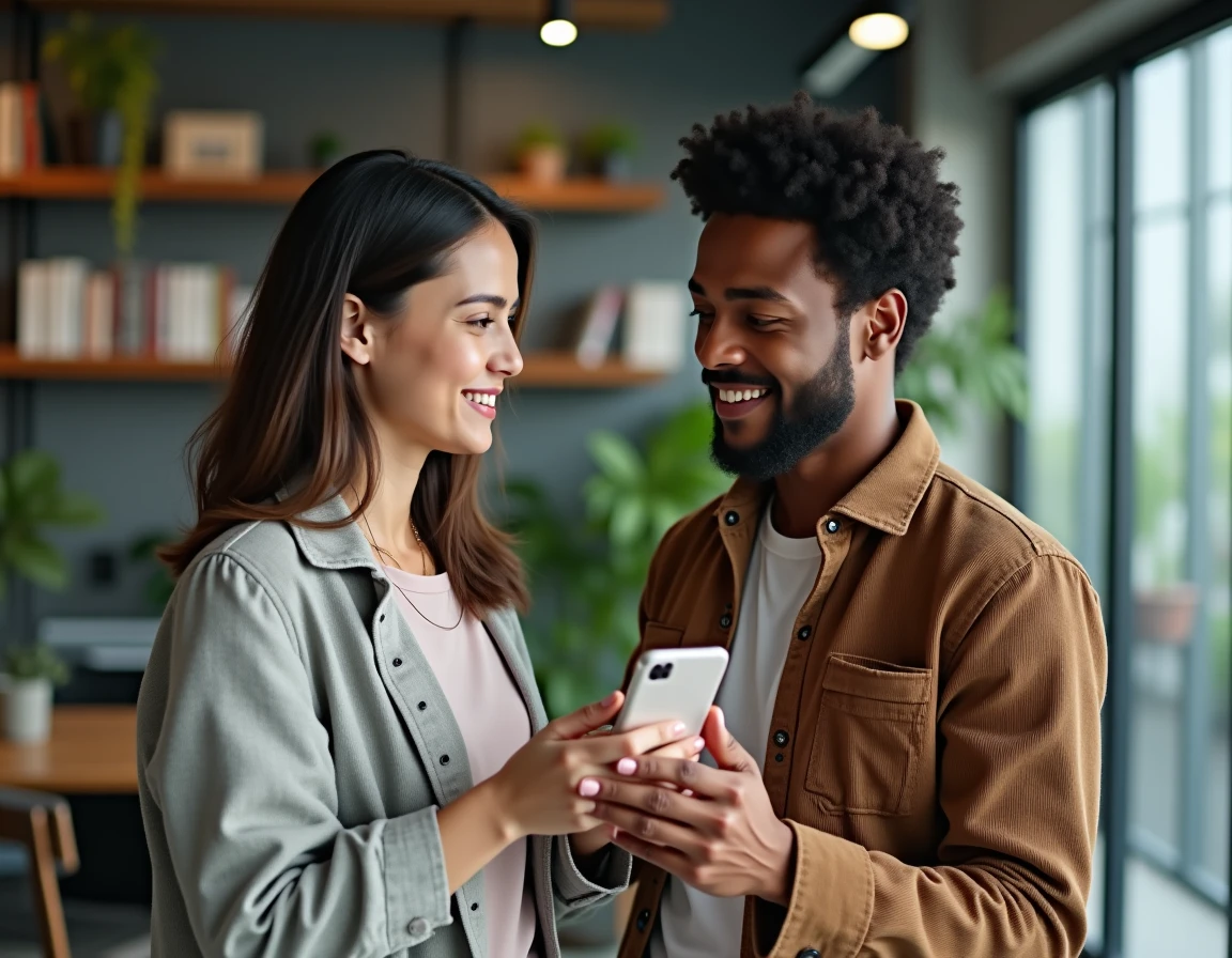 Deux personnes de langues différentes utilisant une application de traduction vocale ensemble