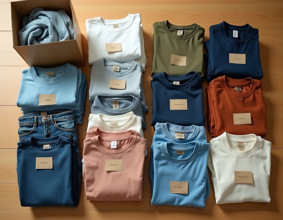 Vue aérienne de vêtements triés par catégories sur un parquet en bois pour organiser et désencombrer une garde-robe