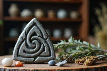 Triskel celtique sculpté dans la pierre grise entouré de cristaux et herbes séchées sur une table en bois