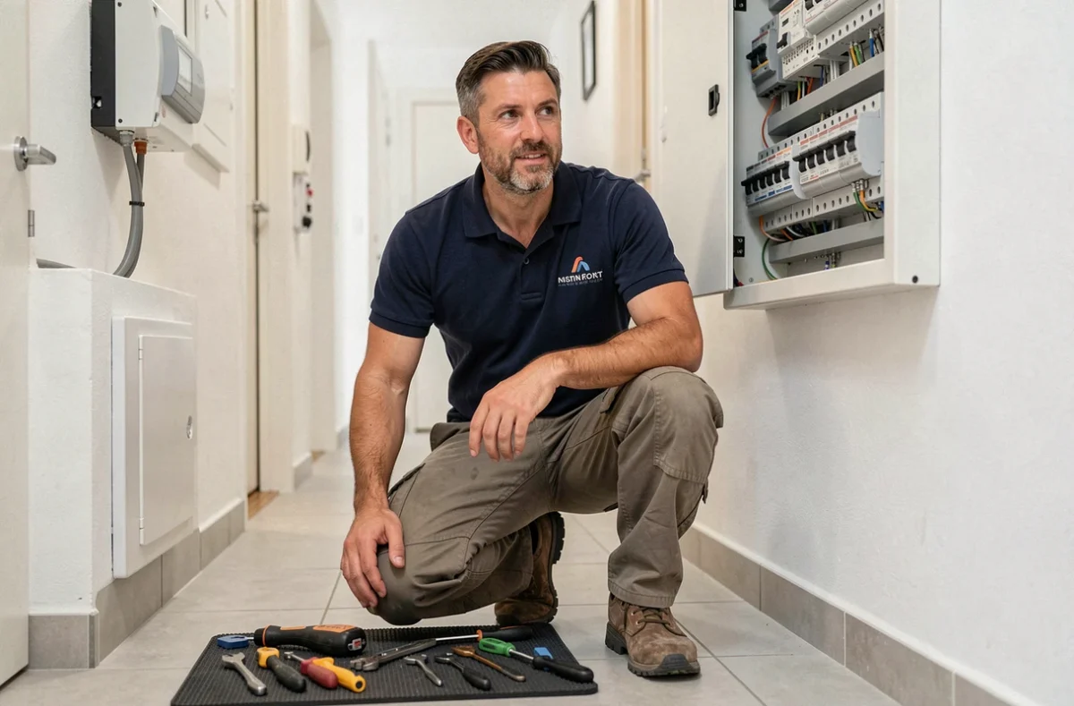 Technicien multi-services TTR-Multiservices intervenant sur un tableau de maintenance résidentiel dans l'Aude
