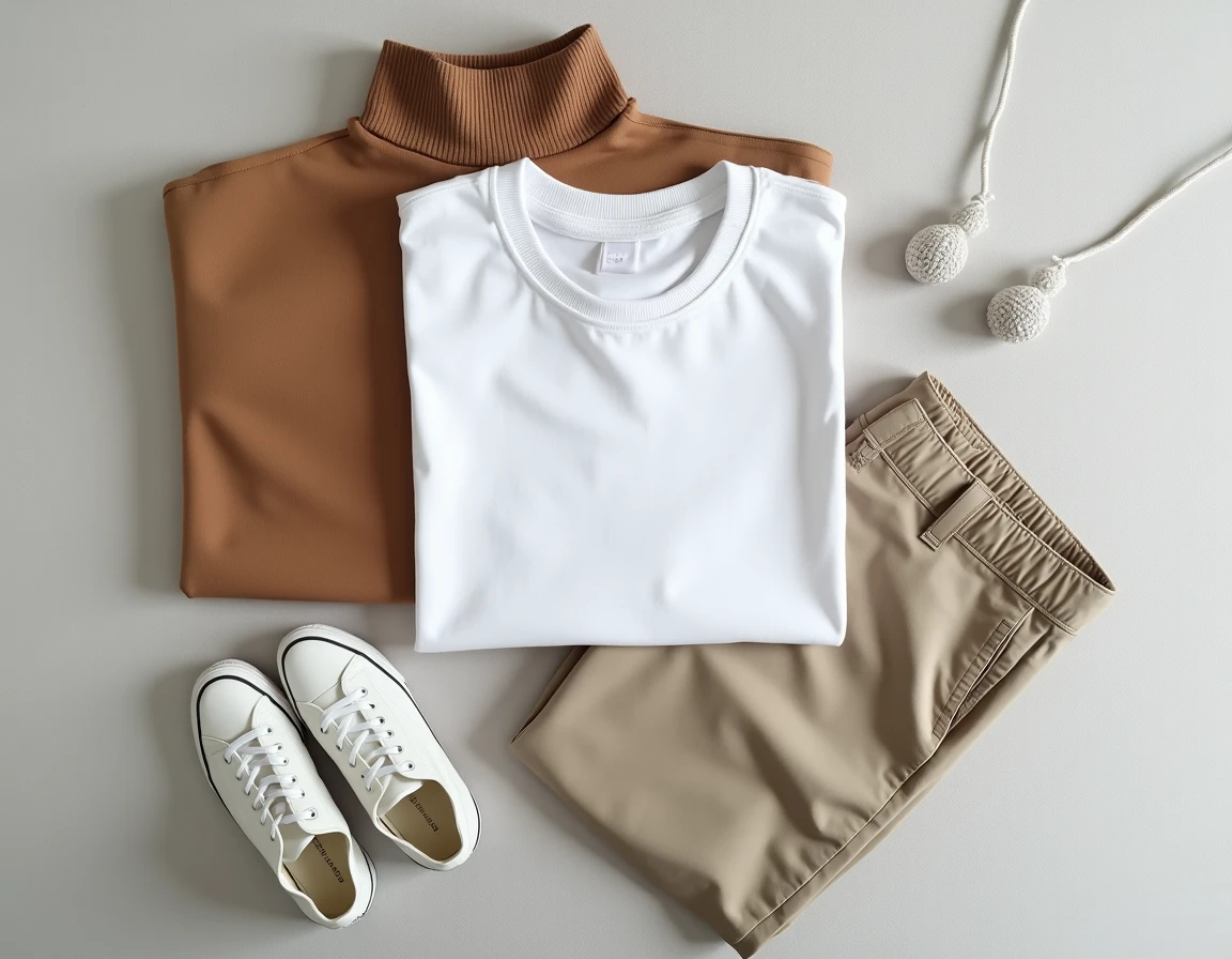 Flat lay minimaliste de vêtements essentiels en tons neutres sur une surface en lin gris clair