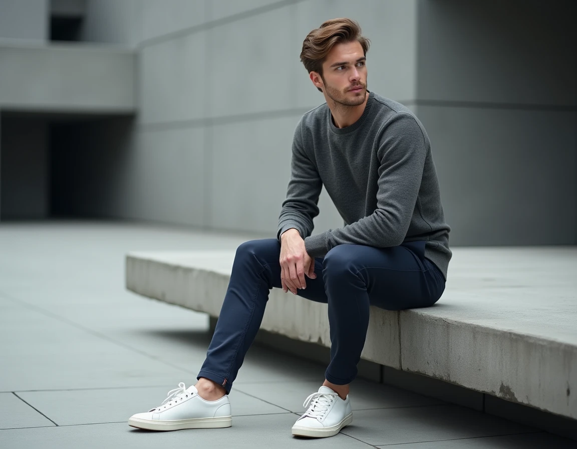 Homme en pull minimaliste gris et pantalon marine assis sur un banc en béton dans une place urbaine
