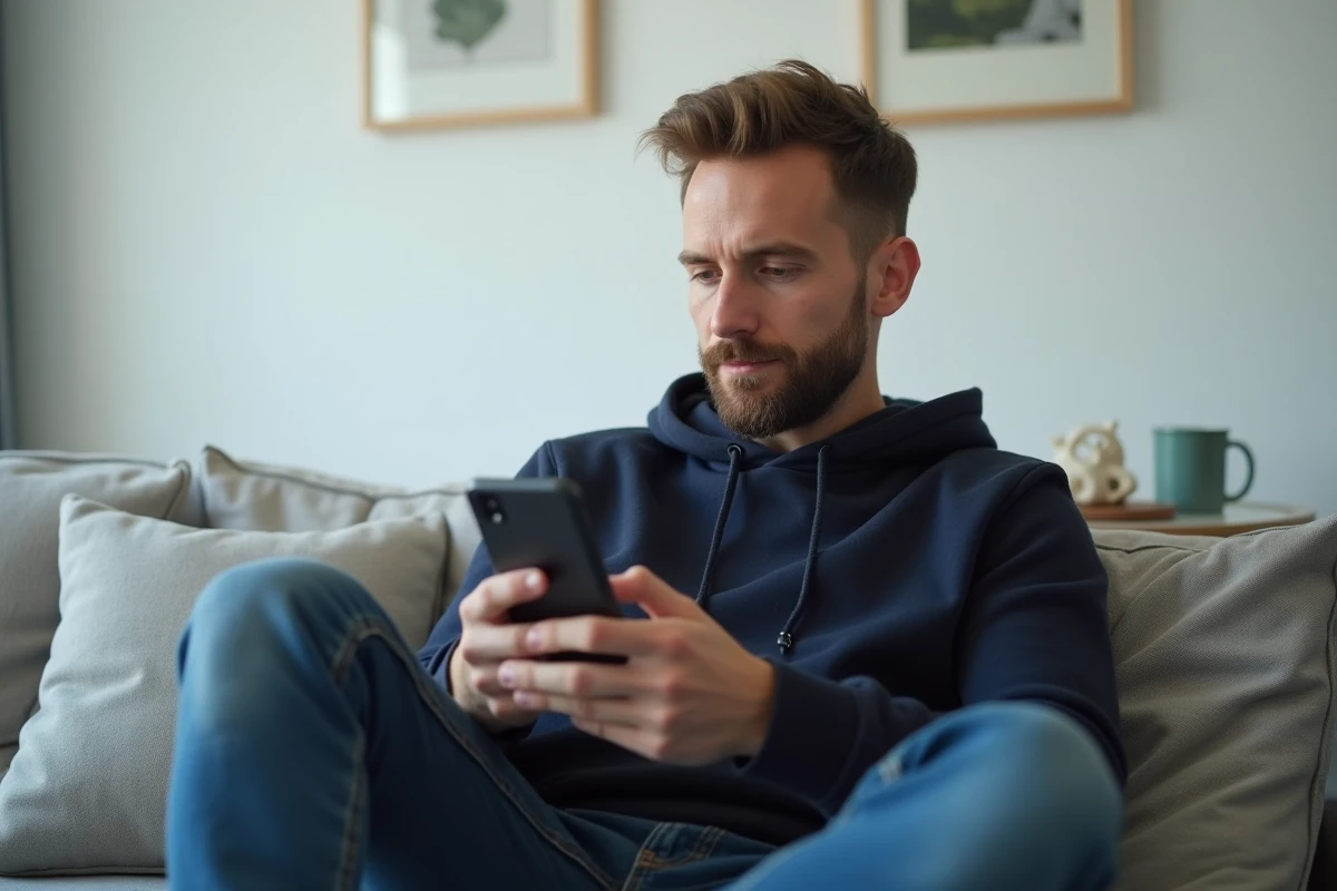 Homme regardant des vidéos amateurs sur smartphone dans un salon minimaliste moderne
