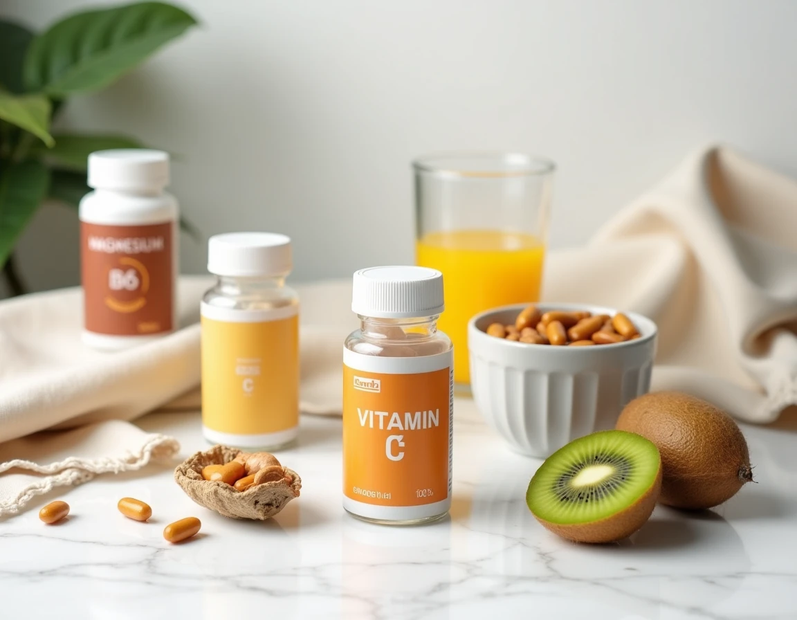 Assortiment de vitamines et compléments naturels contre le stress sur un comptoir en marbre