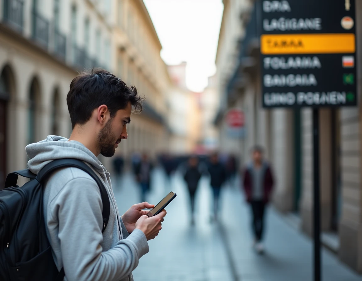 Jeune homme voyageur consultant une application de traduction gratuite dans une rue européenne