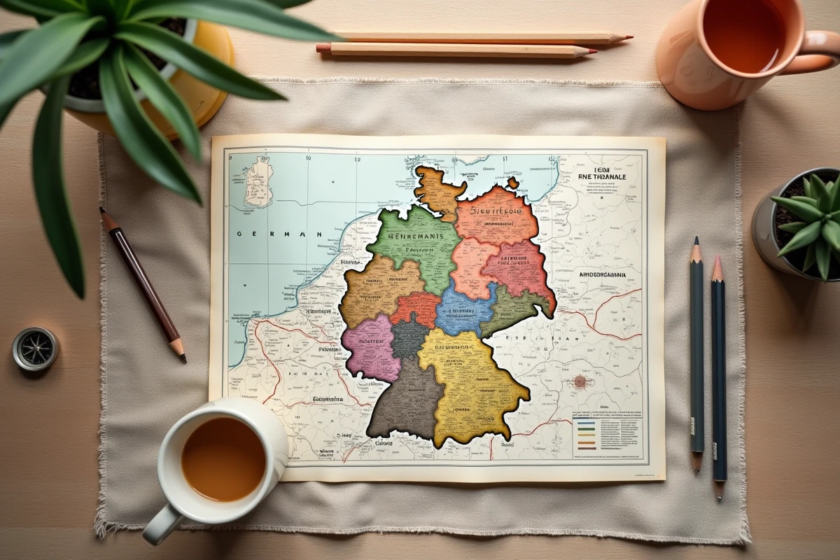 Vue aérienne d'une carte papier de l'Allemagne avec les Länder nommés en français entourée d'accessoires de cartographie