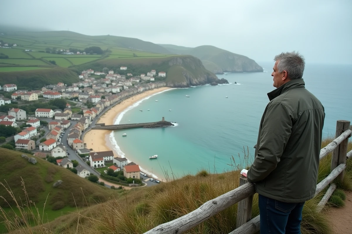 Homme observant une station balnéaire normande depuis un sentier de falaise avec vue panoramique sur la baie et le port